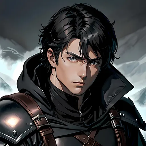 Prompt: 30 year old male, d&d ranger, leather, cape and hood, fantasy clothing, short black hair, grey eyes, atmospheric color washes, calm expression, athletic strong build, muscular, masculine, buff, bloody, handsome, bloody, bandages