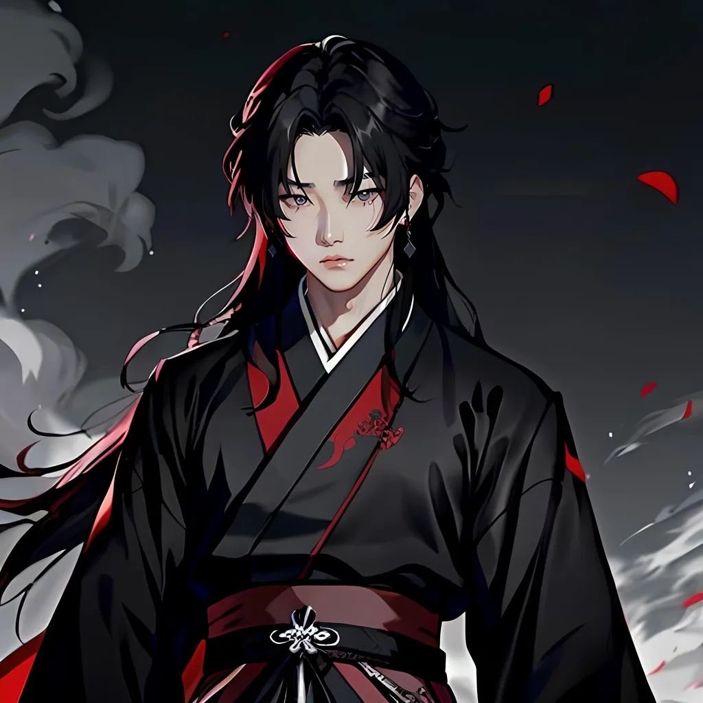 Prompt: hwang hyunjin samurai, male, korean fantasy, medium length hair, grey eyes, dark colors, horror themed, sad, battle