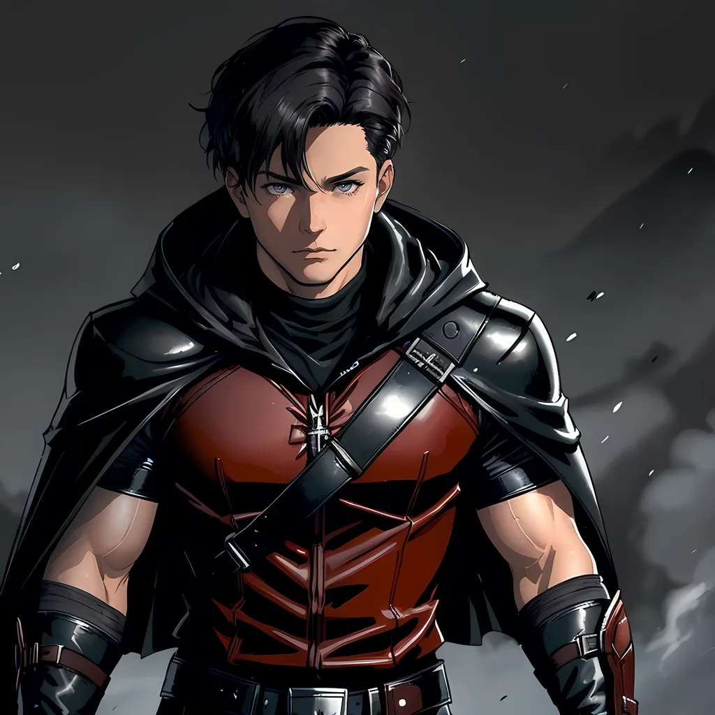 Prompt: 30 year old male ranger, dark leather, cape and hood, fantasy clothing, short hair, short hair,, grey eyes, atmospheric color washes, calm expression, athletic strong build, muscular, masculine, buff, bloody, resembles Jason Todd 