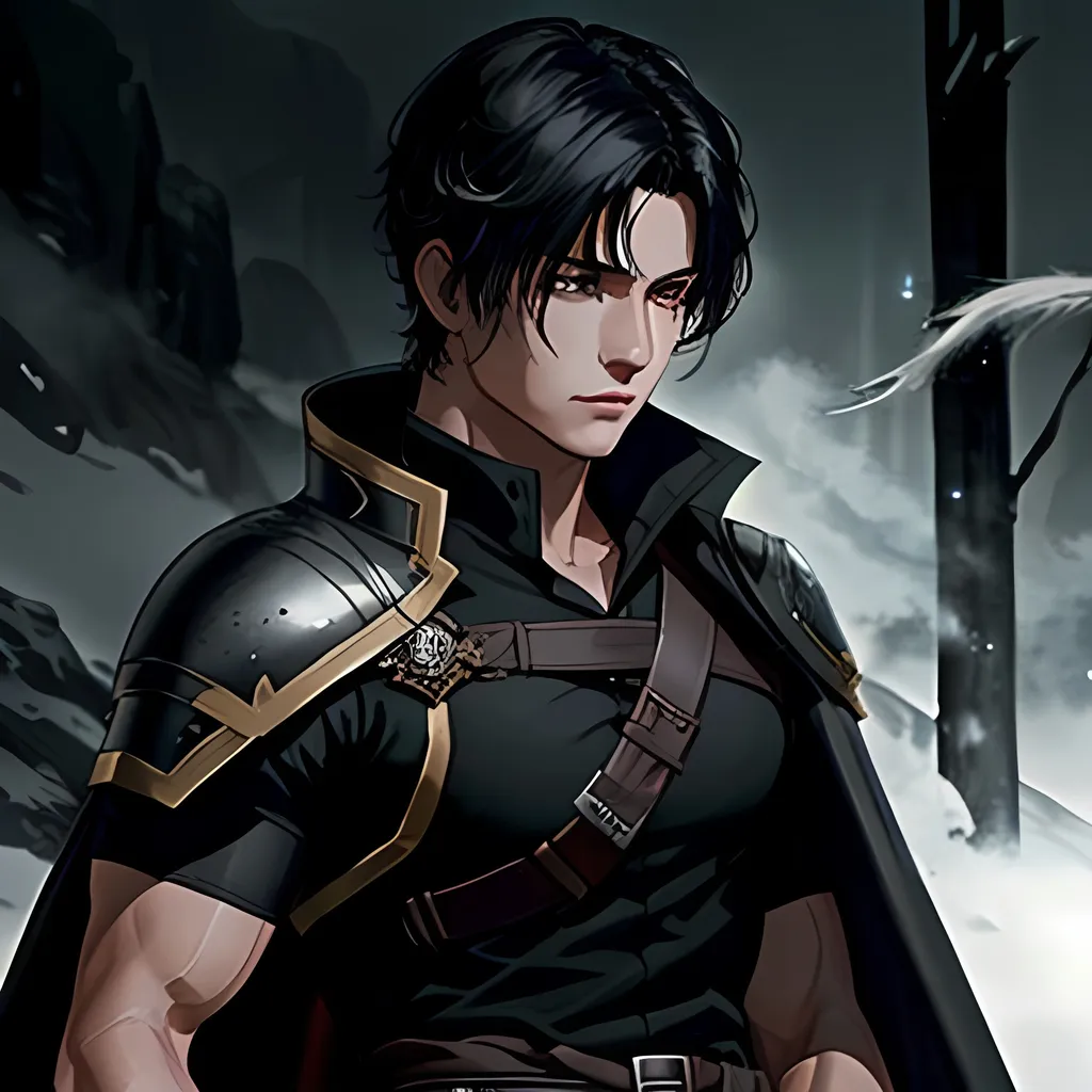 Prompt: 30 year old male dnd ranger, fantasy clothing, short black hair with a white streak, short hair, grey eyes, atmospheric color washes, calm expression, athletic strong build, bloody, masculine, serious, horror themes, cape, buff