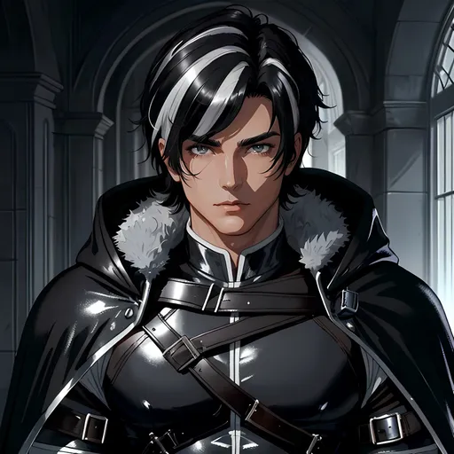 Prompt: 30 year old male ranger, dark leather, cape and hood, fantasy clothing, short black hair (with a white streak in it), grey eyes, atmospheric color washes, calm expression, athletic strong build, muscular, masculine, buff, bloody