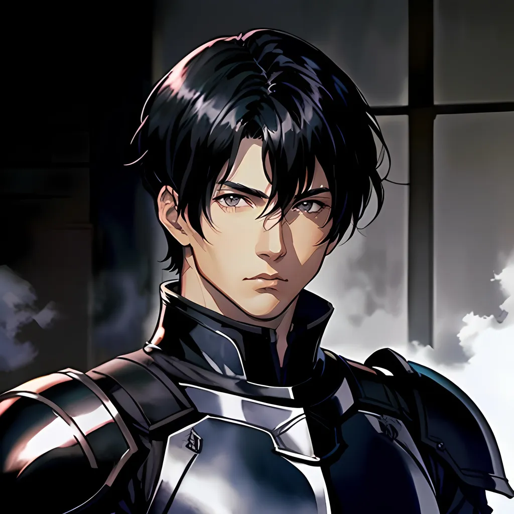 Prompt: 40 year old male black knight, short black hair, short hair, short hair, grey eyes, atmospheric color washes, calm expression, edgy, full torso, athletic strong build, muscular, masculine, serious, buff