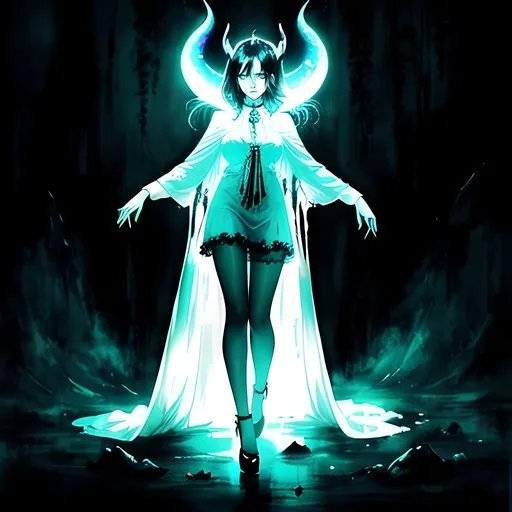 Prompt: beautiful black haired woman, horns, horror themes, cool colors, sad expression, high quality, atmospheric color washes, full body, ghostly, horror themes, sad, white clothing, full body, jewelry, blood, celestial