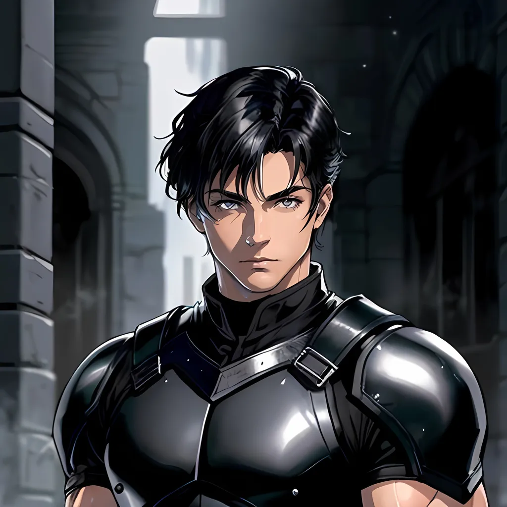 Prompt: 30 year old male, fantasy ranger, dark leather, short black hair, grey eyes, atmospheric color washes, calm expression, athletic strong build, muscular, masculine, buff, bloody, handsome