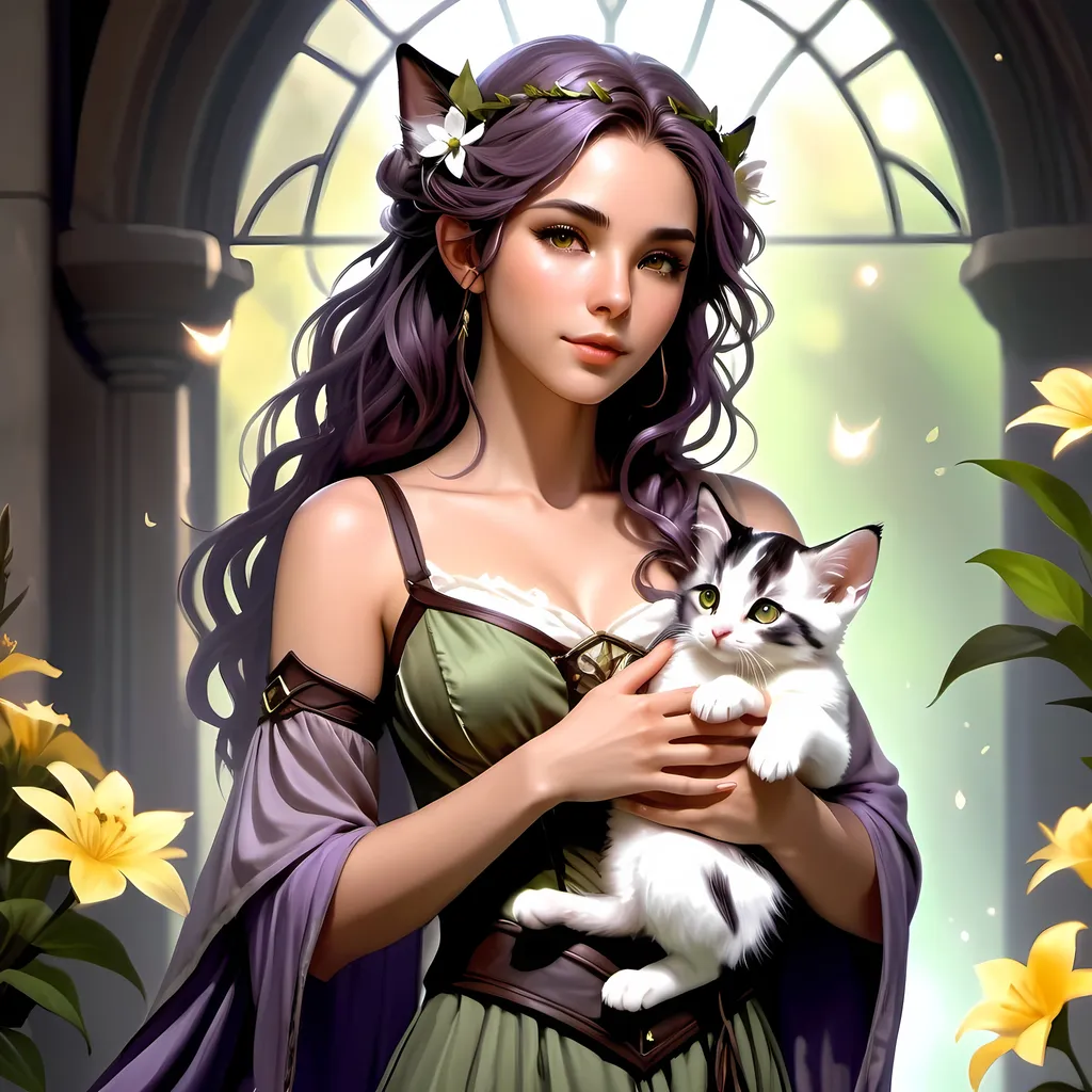 Prompt: 27 year old female eladrin druid, purple wavy hair, soft features, yellow eyes, light purple skin, floral elements, holding a kitten, sad expression, detailed, light colors, atmospheric color washes, flowers, holding a kitten, full body, light purple skin, large elf ears, purple skin, green flowy dress, corset, beautiful, full body, overgrown greenery, dark skin