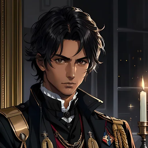 Prompt: 28 year old assassin, black messy hair, handsome, tan skin, kind expression, brown eyes, detailed, atmospheric color washes, tan, high quality, dark victorian, royal assassin outfit