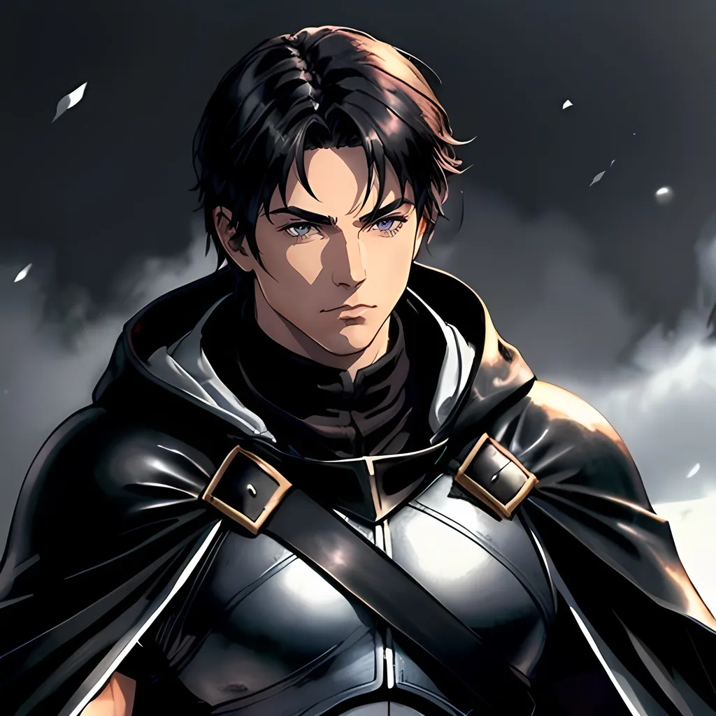 Prompt: 30 year old male, d&d ranger, leather, cape and hood, fantasy clothing, short black hair, grey eyes, atmospheric color washes, calm expression, athletic strong build, muscular, masculine, buff, bloody, handsome