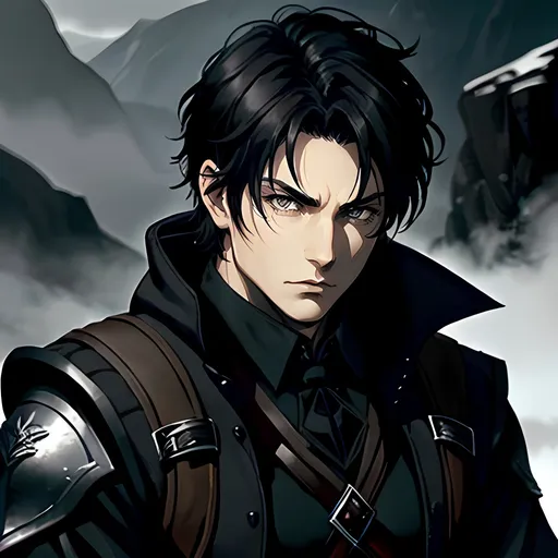 Prompt: 34 year old male dnd ranger, fantasy clothing, short black hair, short hair, grey eyes, atmospheric color washes, calm expression, athletic strong build, bloody, masculine, serious, gothic horror themes