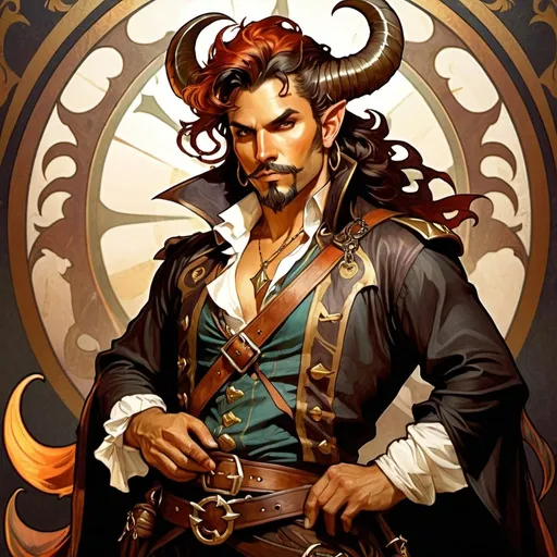 Prompt: illustration, full body, 37 year old male tiefling pirate captain, intimidating, dark, scars, high quality