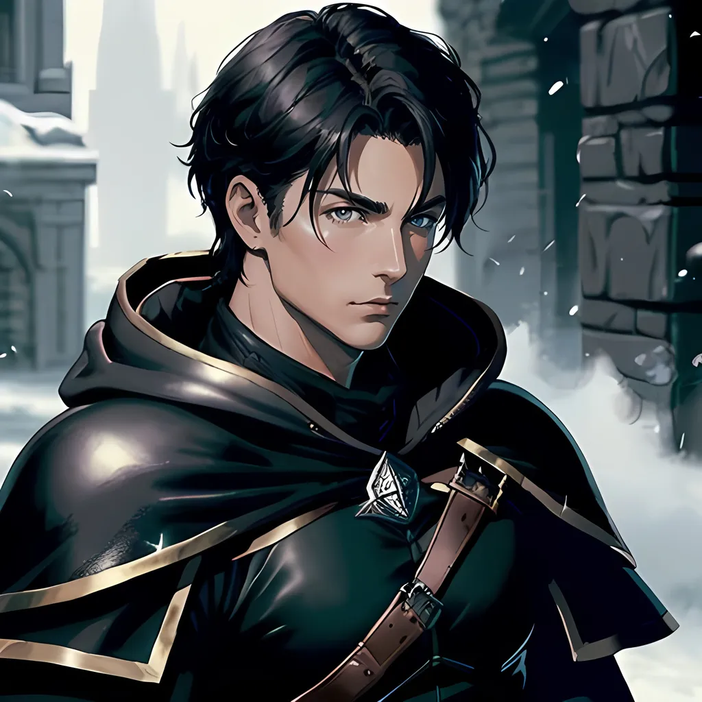 Prompt: 30 year old male, d&d ranger, leather, cape and hood, fantasy clothing, short black hair, grey eyes, atmospheric color washes, calm expression, athletic strong build, muscular, masculine, buff, bloody, handsome