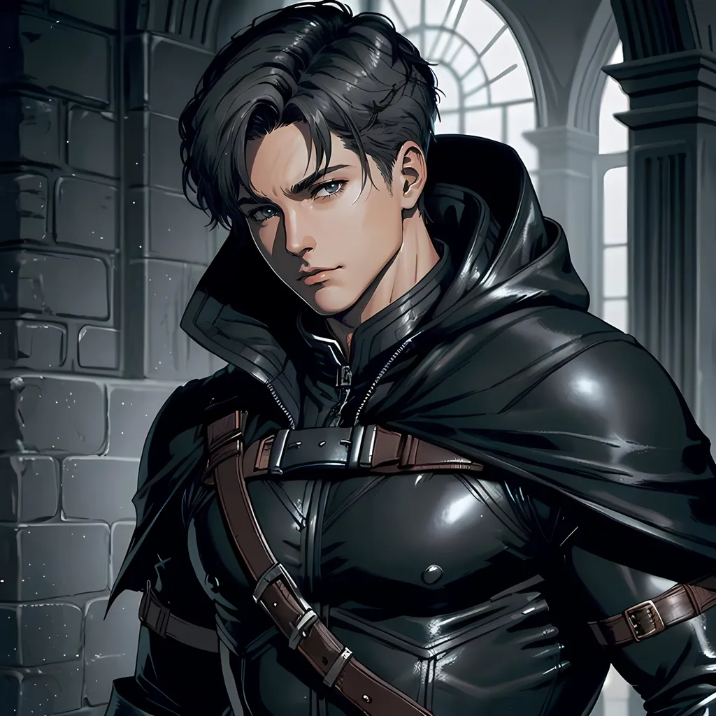 Prompt: 30 year old male ranger, dark leather, cape and hood, fantasy clothing, short hair, short hair,, grey eyes, atmospheric color washes, calm expression, athletic strong build, muscular, masculine, buff, bloody, resembles Jason Todd 