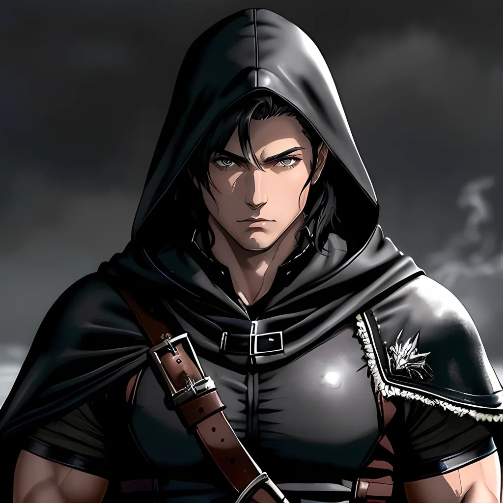 Prompt: 30 year old male, d&d ranger, monster hunter, blood borne, leather, cape and hood, fantasy clothing, short black hair, grey eyes, atmospheric color washes, calm expression, athletic strong build, muscular, masculine, buff, bloody, handsome, bloody, bandages