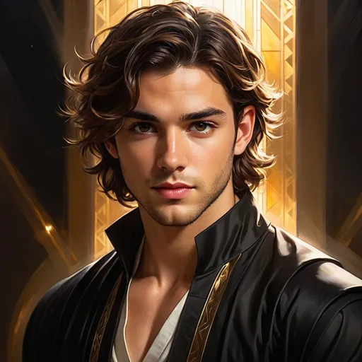 Prompt: 27 year old male, cleric, brown wavy hair, soft features, brown eyes, athletic build, resembles jonathan bailey, tan skin, kind expression, detailed, dark colors, in the style of layered gestures, god rays, dark gold and black, atmospheric color washes, john larriva, spiritualcore, religious themes, Heliocentric, looking away