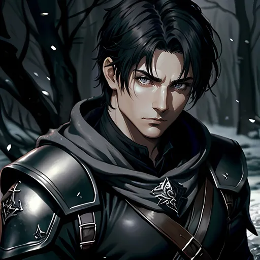 Prompt: 34 year old male dnd ranger, fantasy clothing, short black hair, short hair, grey eyes, atmospheric color washes, calm expression, athletic strong build, bloody, masculine, serious, gothic horror themes