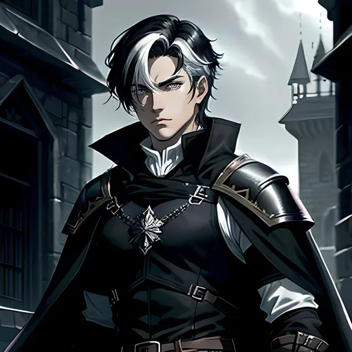 Prompt: 34 year old male dnd ranger, fantasy clothing, short black hair with a white streak, short hair, grey eyes, atmospheric color washes, calm expression, athletic strong build, bloody, masculine, serious, gothic horror themes, cape