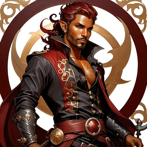 Prompt: 35 year old male tiefling, dark red skin, pirate captain, sleek, powerful, detailed, high quality, dark colors, charming, full body illustration, detailed clothing, scar on his face