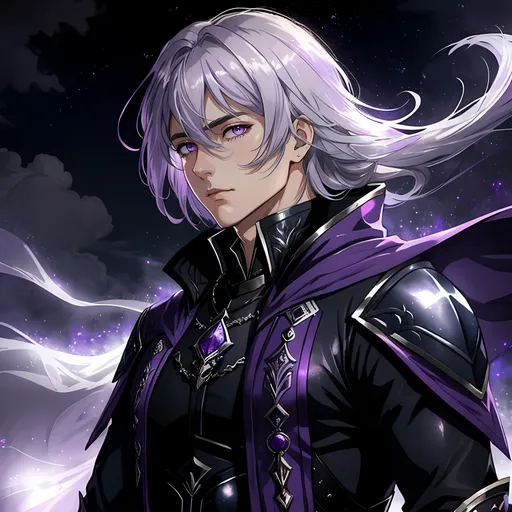 Prompt: 30 year old male noble, purple tones, fantasy clothing, silver hair, dark eyes, atmospheric color washes, calm expression, athletic strong build, charming