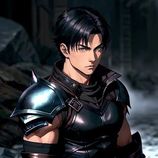 Prompt: 30 year old male, fantasy monster hunter, dark leather, short black hair, grey eyes, atmospheric color washes, calm expression, athletic strong build, muscular, masculine, buff, bloody, handsome