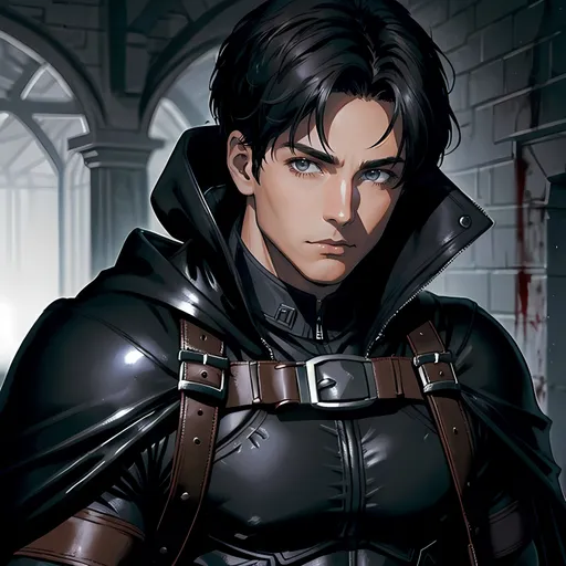 Prompt: 30 year old male ranger, dark leather, cape and hood, fantasy clothing, short hair, short hair,, grey eyes, atmospheric color washes, calm expression, athletic strong build, muscular, masculine, buff, bloody, resembles Jason Todd 