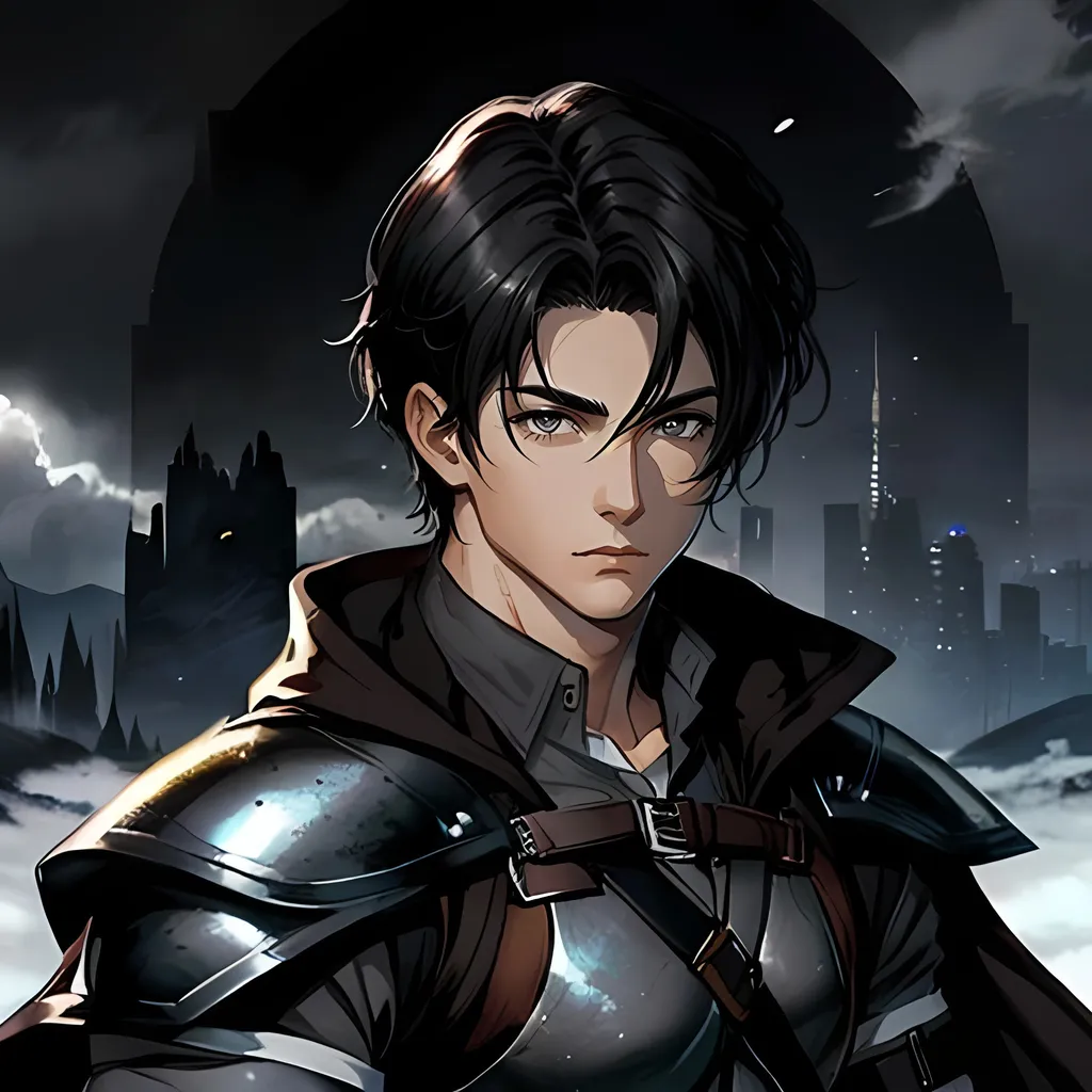 Prompt: 30 year old male ranger, fantasy clothing, short black hair, grey eyes, atmospheric color washes, calm expression, athletic strong build, muscular, masculine,  bloody