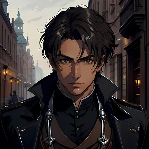 Prompt: 28 year old assassin, dark messy hair, handsome, tan skin, kind expression, brown eyes, detailed, atmospheric color washes, tan, high quality, dark victorian scenery