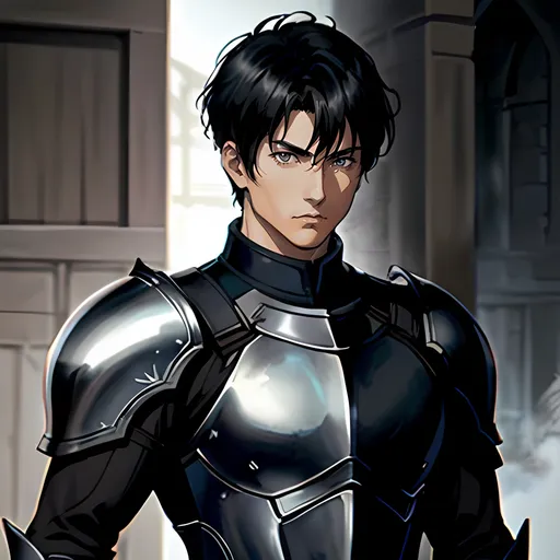 Prompt: 40 year old male knight, short black hair, short hair, short hair, grey eyes, atmospheric color washes, calm expression, edgy, full torso, athletic strong build, muscular, masculine, serious, buff, full torso, black armor