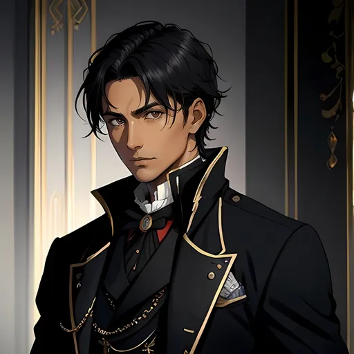 Prompt: 28 year old assassin, black messy hair, handsome, tan skin, kind expression, brown eyes, detailed, atmospheric color washes, tan, high quality, dark victorian, royal assassin outfit, pretty