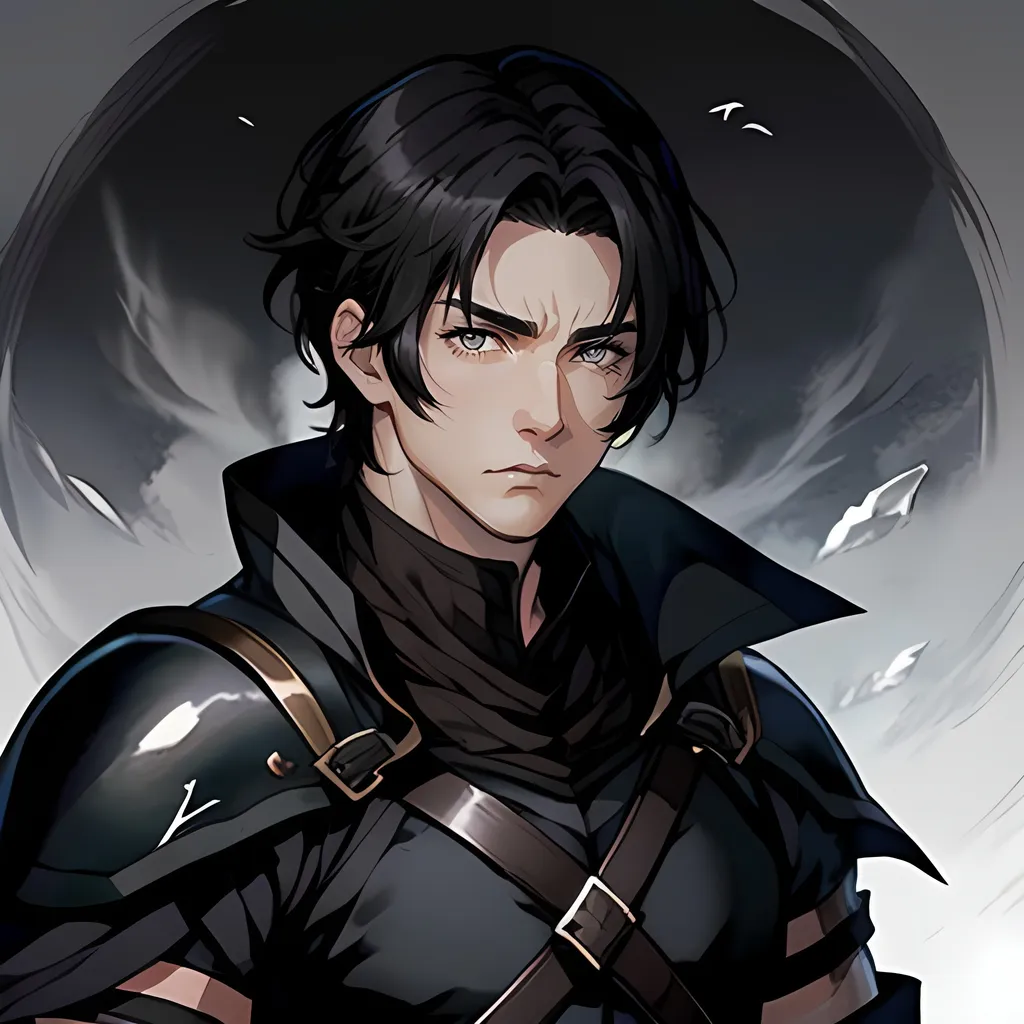 Prompt: 34 year old male ranger, fantasy clothing, short black hair, short hair, grey eyes, atmospheric color washes, calm expression, athletic strong build, muscular, masculine,  bloody, masculine, serious