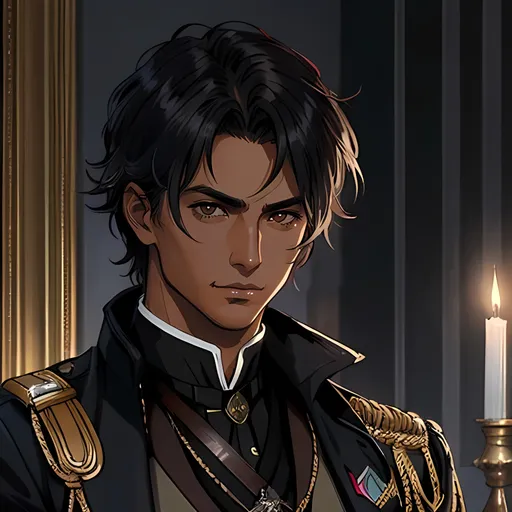 Prompt: 28 year old assassin, black messy hair, handsome, tan skin, kind expression, brown eyes, detailed, atmospheric color washes, tan, high quality, dark victorian, royal assassin outfit