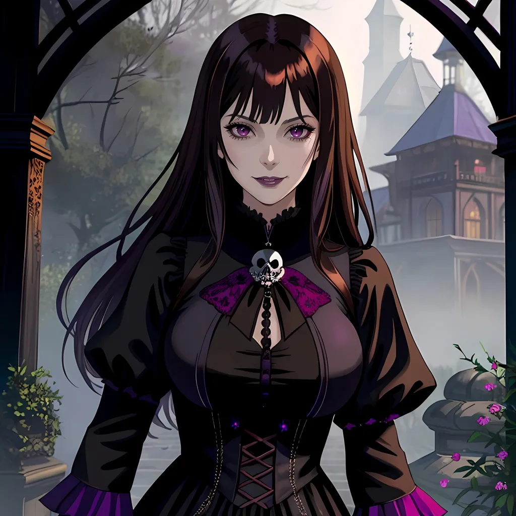 Prompt: 44 year old female vampire, evil, brown hair with bangs, dark purple and black fantasy, modest noble clothing, victorian dress, evil grin expression, horror themes, misty scenery, high quality,  wearing a skull mask over her eyes, creepy, skull