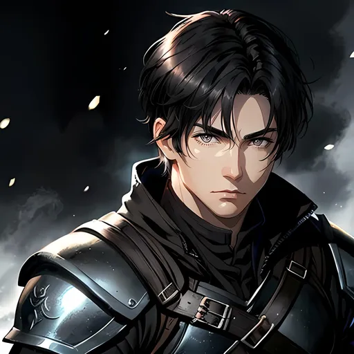 Prompt: 34 year old male ranger, fantasy clothing, short black hair, short hair, grey eyes, atmospheric color washes, calm expression, athletic strong build, muscular, masculine,  bloody, masculine, serious