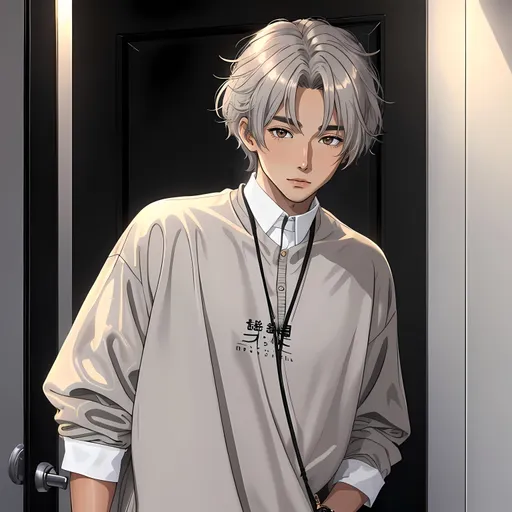 Prompt: 21 year old male, pretty, golden tan, light grey messy hair, handsome, detailed, high quality, cute, wearing black
 oversized clothes
