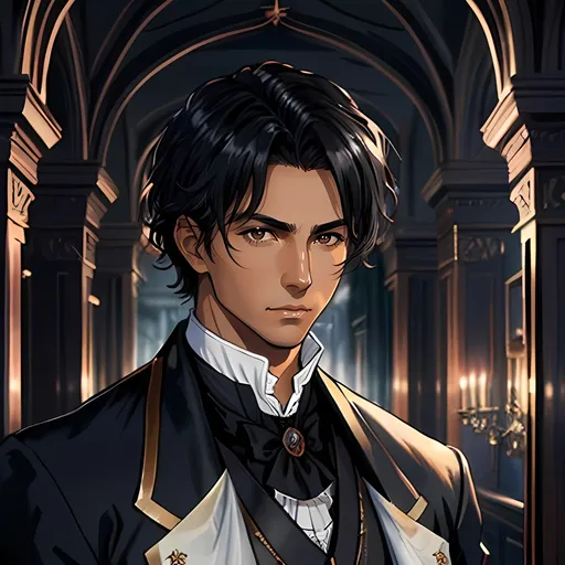 Prompt: 28 year old assassin, black messy hair, handsome, tan skin, kind expression, brown eyes, detailed, atmospheric color washes, tan, high quality, dark victorian, royal assassin outfit, pretty