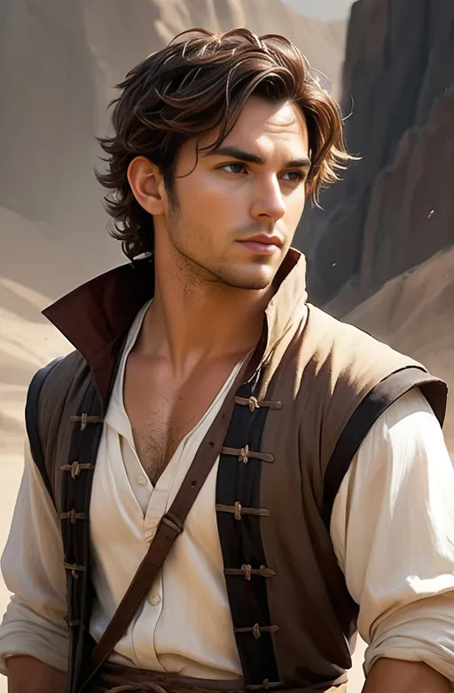 Prompt: 33 year old male peasant, auburn messy hair, soft features, brown eyes, athletic build, resembles jonathan bailey, tan skin, kind expression, detailed, atmospheric color washes, full body illustration, necromancer, handsome