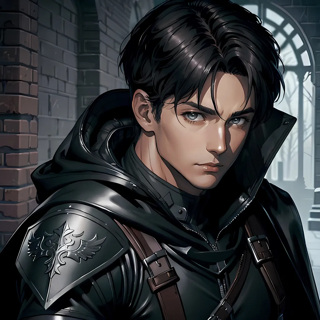 Prompt: 30 year old male ranger, dark leather, cape and hood, fantasy clothing, short hair, short hair,, grey eyes, atmospheric color washes, calm expression, athletic strong build, muscular, masculine, buff, bloody, resembles Jason Todd 