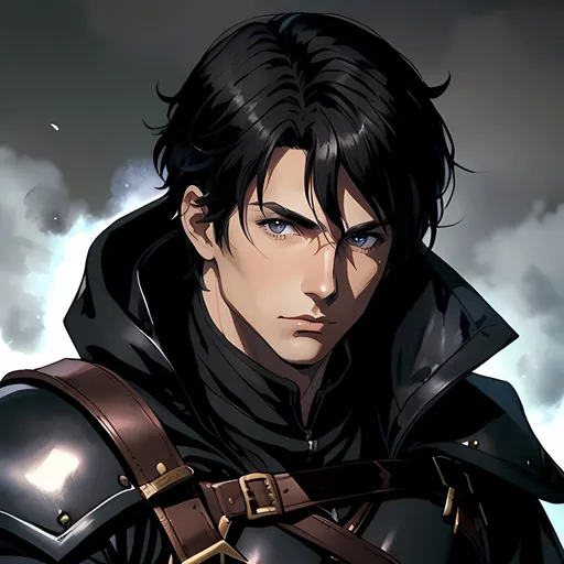 Prompt: 30 year old male, d&d ranger, leather, cape and hood, fantasy clothing, short black hair, grey eyes, atmospheric color washes, calm expression, athletic strong build, muscular, masculine, buff, bloody, handsome, bloody, bandages