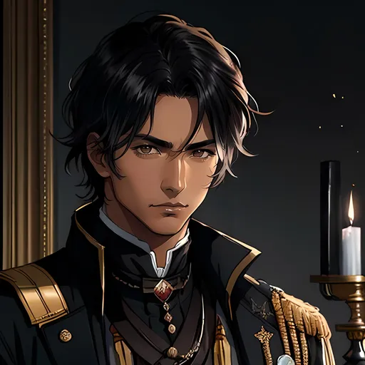 Prompt: 28 year old assassin, black messy hair, handsome, tan skin, kind expression, brown eyes, detailed, atmospheric color washes, tan, high quality, dark victorian, royal assassin outfit