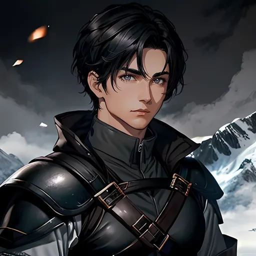 Prompt: 30 year old male ranger, fantasy clothing, short black hair, short hair, grey eyes, atmospheric color washes, calm expression, athletic strong build, muscular, masculine,  bloody, masculine