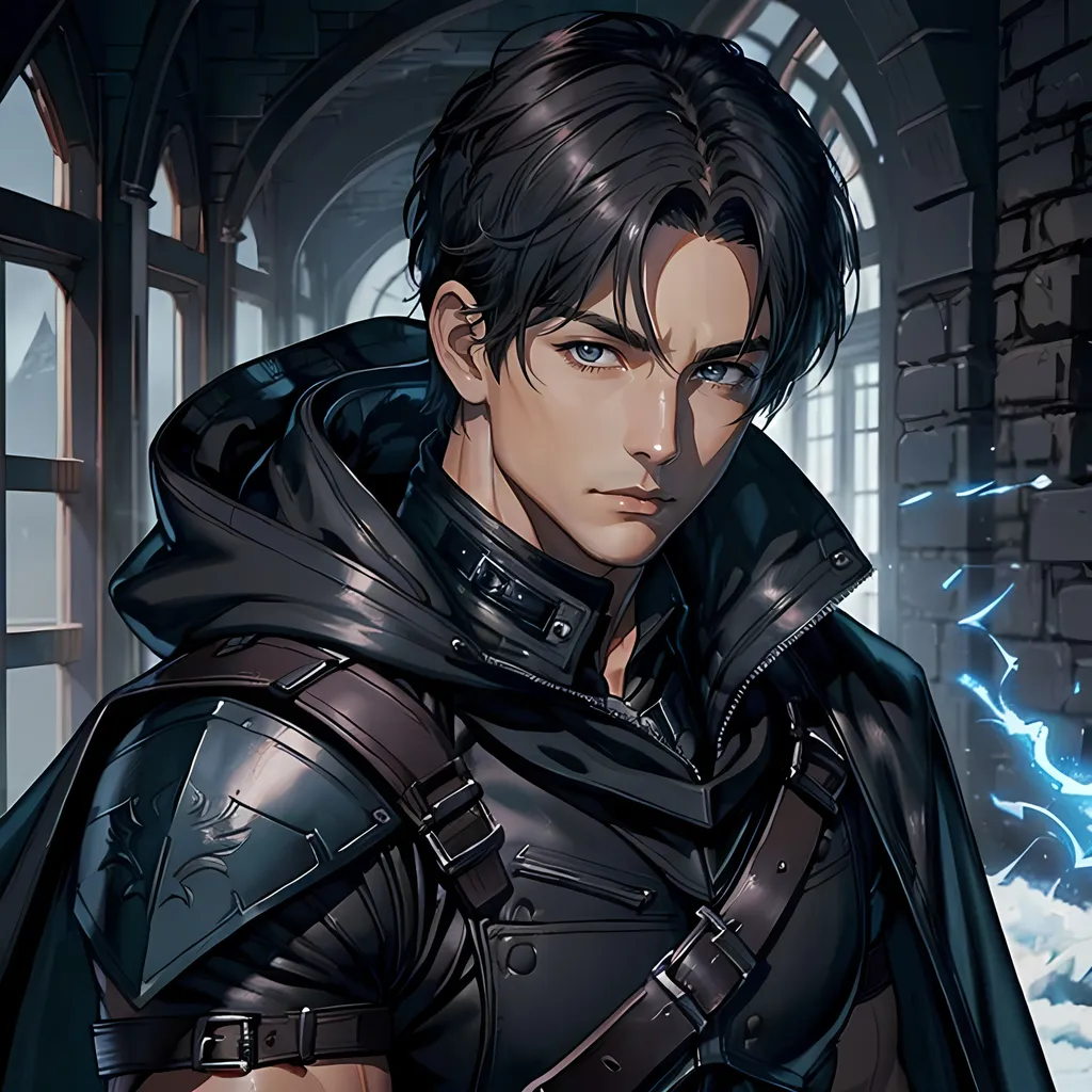 Prompt: 30 year old male ranger, dark leather, cape and hood, fantasy clothing, short hair, short hair,, grey eyes, atmospheric color washes, calm expression, athletic strong build, muscular, masculine, buff, bloody, resembles Jason Todd 