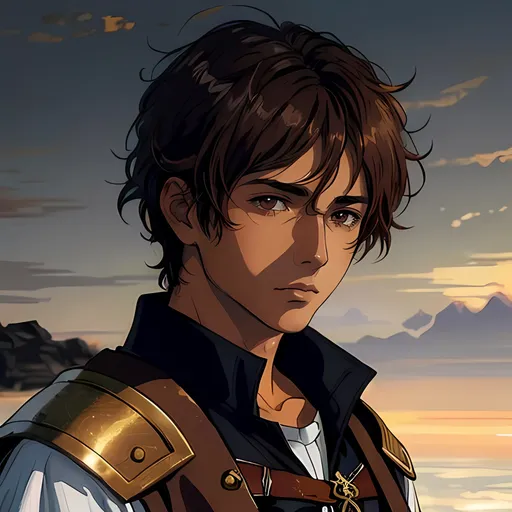 Prompt: 31 year old male peasant, auburn messy hair, soft features, brown eyes, tan skin, sad expression, detailed, atmospheric color washes, tan, fantasy clothing, cleric, full body, high quality