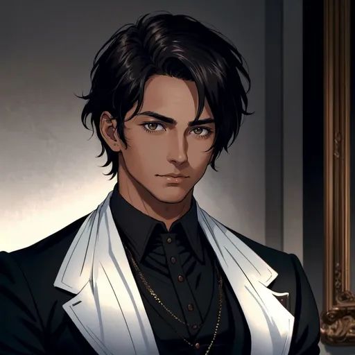 Prompt: 28 year old male, dark messy hair, handsome, tan skin, calm expression, detailed, atmospheric color washes, tan, high quality, dark victorian scenery, full torso, victorian black outfit, athletic build