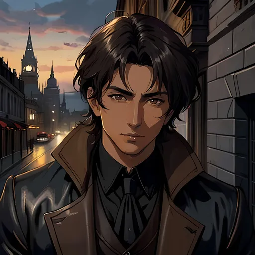 Prompt: 28 year old assassin, dark messy hair, handsome, tan skin, soft expression, brown eyes, detailed, atmospheric color washes, tan, high quality, victorian scenery