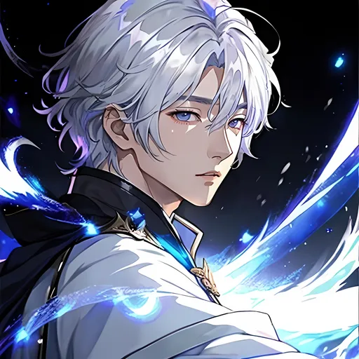 Prompt: hwang hyunjin cleric, male, fantasy,  white hair, grey eyes, atmospheric color washes, light colors