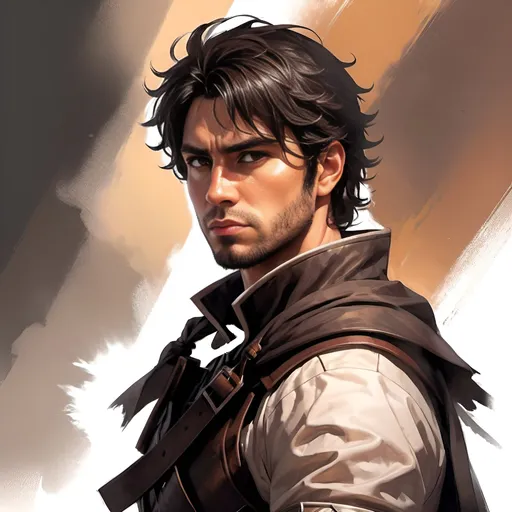 Prompt: 38 year old male, black messy hair, brown eyes, athletic build, handsome, intimidating, kind expression, atmospheric color washes, full body illustration, mercenary