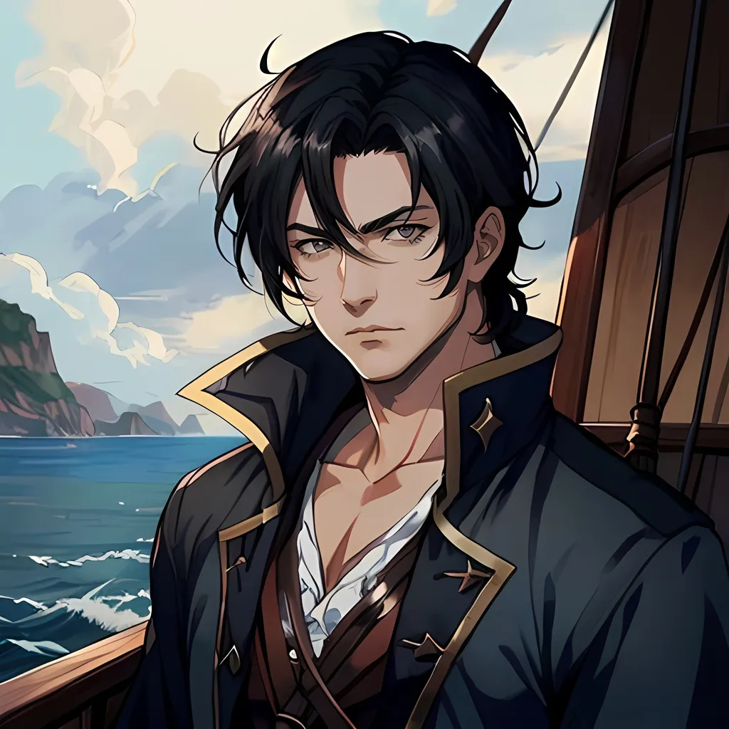 Prompt: 40 year old male pirate, black hair, grey eyes, atmospheric color washes, calm expression