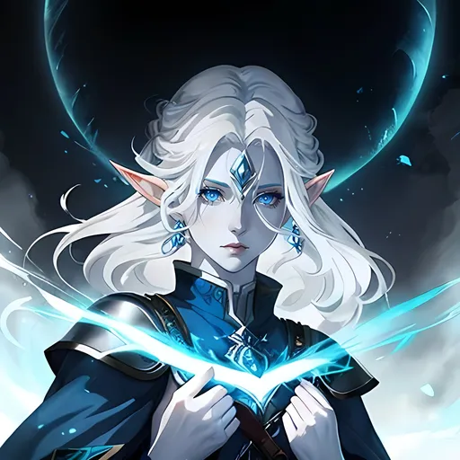 Prompt: beautiful white haired elf, blue skin, scar over her eye, grey eyes, tall, sorcerer, high quality, atmospheric color washes, modest clothing, intimidating