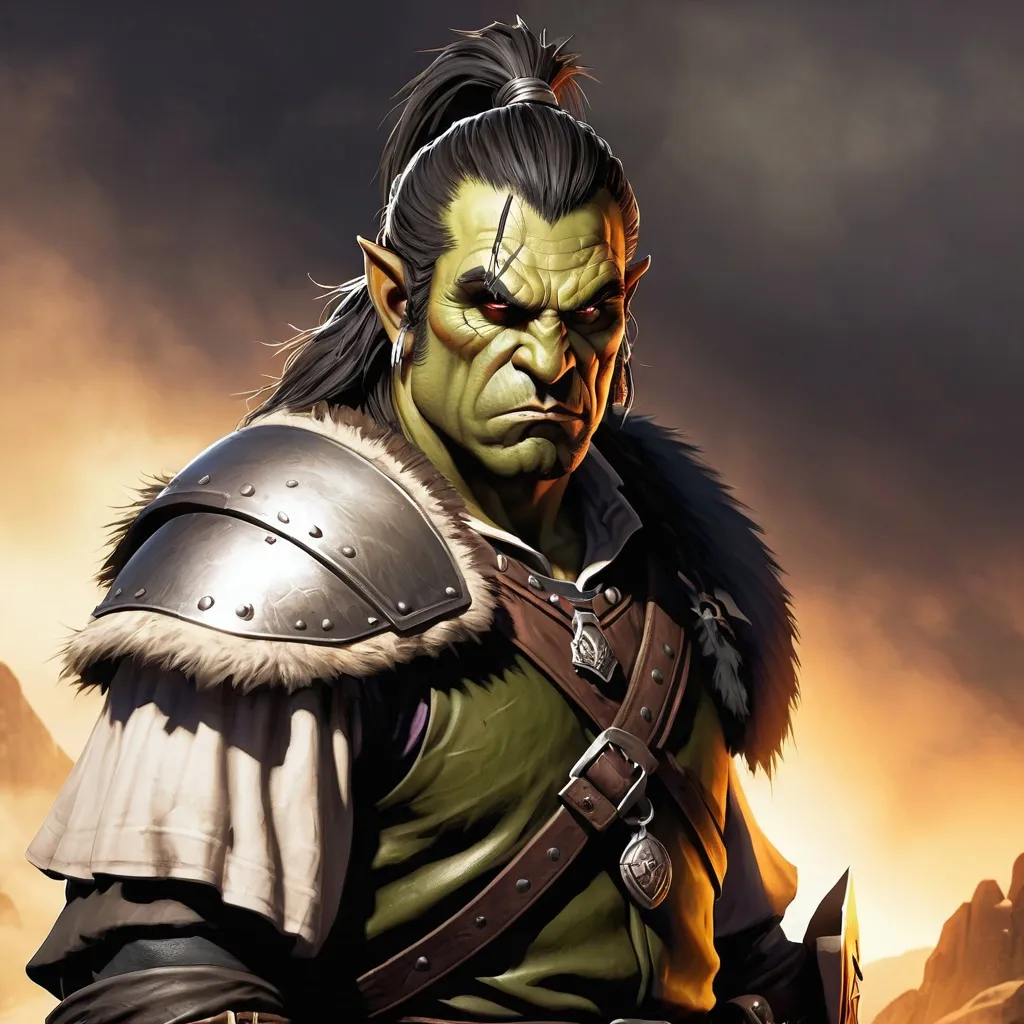 Prompt: 45 year old male orc mercenary, bandit, criminal, angry, mean, fantasy art, haunting background, villainous