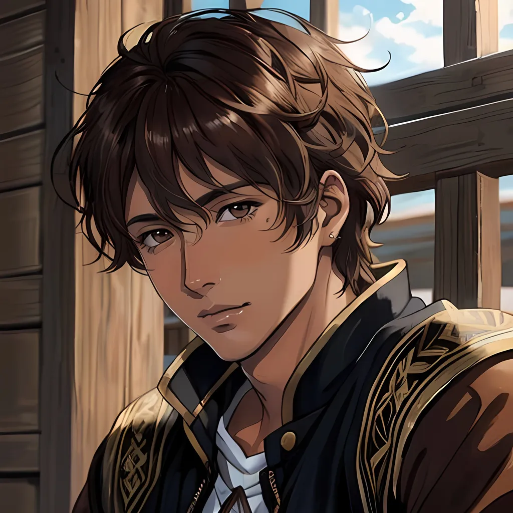 Prompt: 31 year old male peasant, auburn messy hair, soft features, brown eyes, tan skin, kind expression, detailed, atmospheric color washes, tan