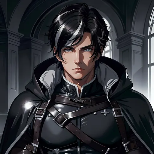 Prompt: 30 year old male ranger, dark leather, cape and hood, fantasy clothing, short black hair (with a white streak in it), grey eyes, atmospheric color washes, calm expression, athletic strong build, muscular, masculine, buff, bloody