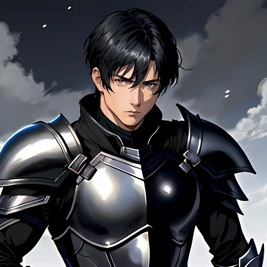 Prompt: 40 year old male black knight, short black hair, short hair, short hair, grey eyes, atmospheric color washes, calm expression, edgy, full torso, athletic strong build, muscular, masculine, serious, buff, full torso, ornate armor